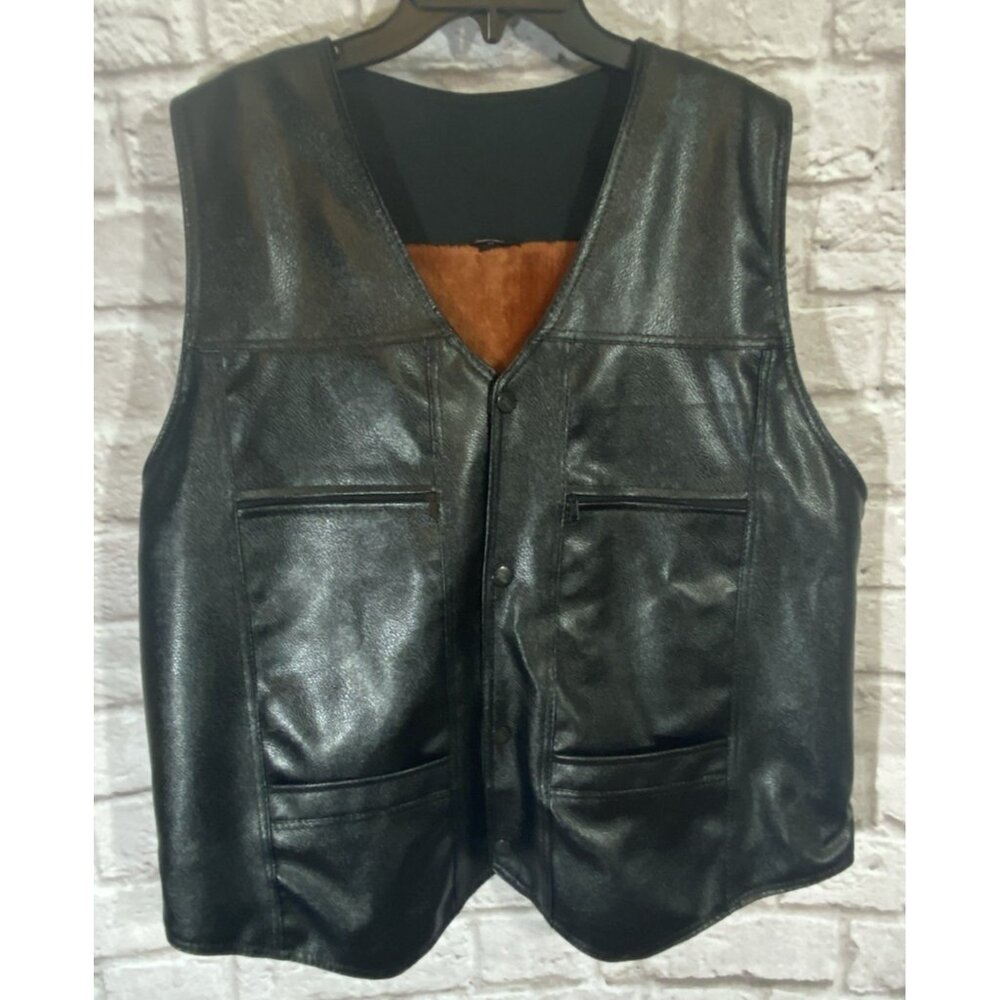 Motorcycle Vest Unisex 50 Chest Velvet Lined Black Faux Leather Pockets Snap 29